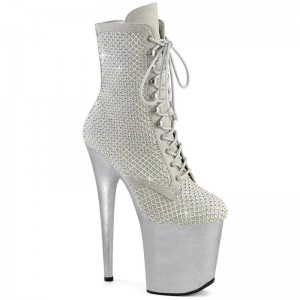 Bottines Pleaser Flamingo-1020RM Faux Suede Rhinestone Mesh Femme Argent | FRANCE FRWRCSKE